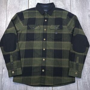 Roark Flannel Shirt Mens Small Green Black Plaid Wool Blend Elbow Snap Button